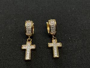 lot 194 image: MCYS Cubic Zirconia Cross Dangle Huggie Hoop Earrings in 14k Gold-Plated Sterling Silver (Used, Needs Cleaning)