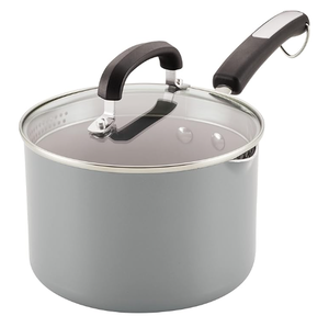 lot 132 image: Farberware EcoAdvantage Ceramic Nonstick Straining SaucepanSauce Pan with Lid, 3 Quart, Gray