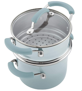 lot 133 image: Rachael Ray Classic Brights Collection Porcelain II 3 Qt. Covered Saucepan with Steamer Insert, Sky Blue