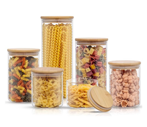 lot 143 image: JoyJolt Glass Food Storage Jars Containers, Glass Storage Jar Bamboo Lids Set of 6 Kitchen Glass Canisters