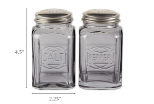 lot 144 image: RSVP International Jumbo Retro Glass Salt & Pepper Shaker, Screw On Stainless Steel Lid, Each Shaker Holds 8 Ounces, Gray, 2.25x2.25x4.3, 2 Piece