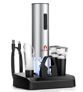 lot 146 image: COSTWAY Electric Wine Bottle Opener Set, 6-in-1 Rechargeable Corkscrew Opener with Foil Cutter, Wine Pourer, 2 Wine Stoppers, Base, USB Cable, Automatic One-Button Remove