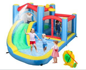 lot 207 image: Qaba Inflatable Water Slide Bounce House w 550W Blower, Large Trampoline, Splash Pool, Basketball Hoop, Dart Board (Missing Inflator)