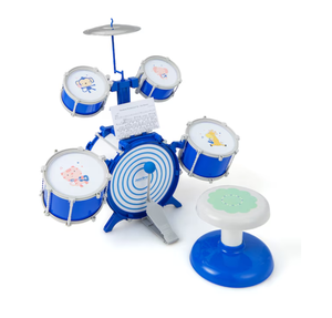 lot 211 image: Slickblue Blue Kids Drum Set with Stool Complete Set Includes Bass Drum Middle Drums Snare Drums Cymbal Music Stand and Sticks for Indoor and Outdoor Play