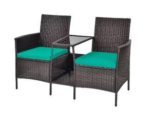 lot 214 image: Costway Rattan Patio Conversation Set with Green Cushions