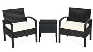 lot 215 image: Costway Costway 3 -Piece Rattan Patio Conversation Set with Black Cushions