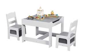 lot 216 image: Costway Kids Table Chairs Set With Storage Boxes Blackboard Whiteboard Drawing Grey