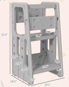 lot 223 image: Qaba Toddler Tower with Adjustable Height, Toddler Kitchen Stool Helper with Anti-slip Mat, Step Stool for Kitchen, Bathroom, Gray