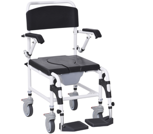 lot 241 image: HOMCOM Accessibility Commode Wheelchair, Rolling Shower Wheelchair with 4 Castor Wheels, Rectangle Detachable Bucket, & Waterproof Design, 17 Seat Width, Black