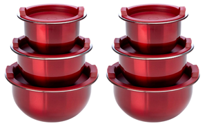 lot 409 image: LOT OF Wolfgang Puck 3-piece Stainless Steel Prep Bowls with Storage Lids