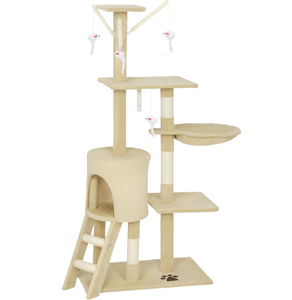 lot 253 image: PawHut 53 Plush Sturdy Interactive Cat Condo Tower Scratching Post Activity Tree House - Beige