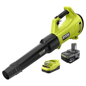 lot 93 image: RYOBI ONE HP 18V Brushless Whisper Series 130 MPH 450 CFM Cordless Battery Leaf Blower with 4.0 Ah Battery and Charger