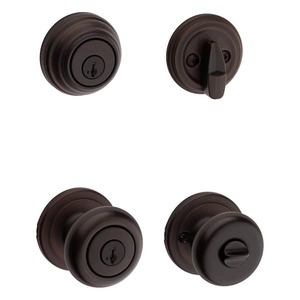 lot 132 image: Kwikset Juno Venetian Bronze Exterior Entry Door Knob and Single Cylinder Deadbolt Combo Pack Featuring SmartKey Security