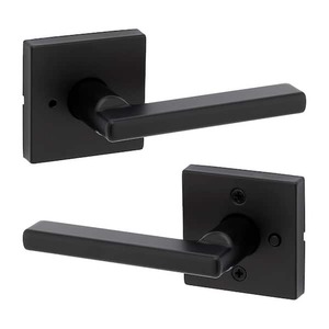 lot 161 image: Kwikset Halifax Square Matte Black Privacy BedBath Door Handle with Lock