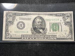 lot 73 image: 1928A US GREEN SEAL �REDEEMABLE IN GOLD� $50 BILL