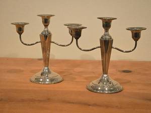 lot 1088 image: Lot of (2) 819-grams (total) Sterling Silver  Bronze Base w Weighted Core Candleabra by Heintz Art Metal Shop 8 x 7 12