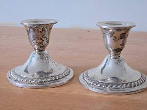 lot 1095 image: Lot of (2) 493-grams (total) Sterling Silver Weighted Candlestick Holders by Gorham 3 x 3 12