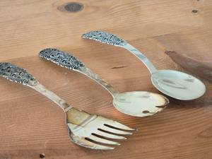 lot 1100 image: Lot of (3) 280-grams (total) 830 Silver Flatware - Salad Serving Set and 5-tine Serving Fork - Valdres by Th. Martinson (Norway)