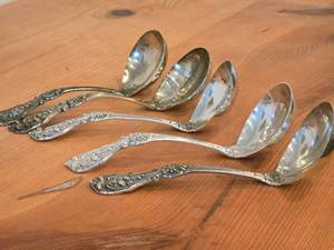 lot 1132 image: Lot of (5) 6 12 382-grams (total) Sterling Silver Gravy Ladles - Francis I by Reed & Barton