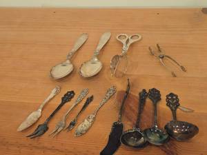 lot 1143 image: Lot of (13) 422-grams (total) Sterling Silver Flatware - Forks, Spoons, Ladles, Servers, Tongs
