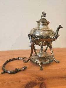 lot 1074 image: 2630-grams Heavy Silverplate (Lifetime) Tilting Tea Pot (Spirit Kettle) by Eton 8 x 8 x 2 with Stand and Spirit Burner (Alcohol)
