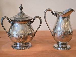 lot 1153 image: 736-grams (total) Silverplated Creamer and Covered Sugar Bowl - Lady Mary by Wilcox Silver Plate Co. N7041