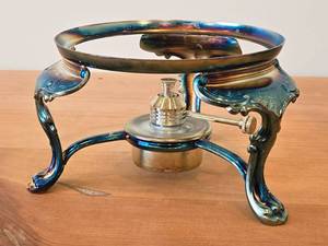 lot 1195 image: Vintage 980-grams Silverplated Carafe  Chafing Dish Stand 4 x 8 with Alcohol  Oil Burner