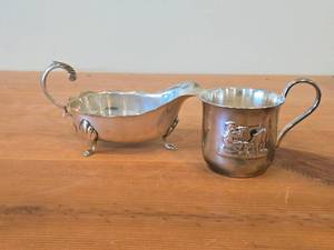 lot 1918 image: Vintage 227-grams (total) Sterling Silver Sauce Boat, Christening Mug