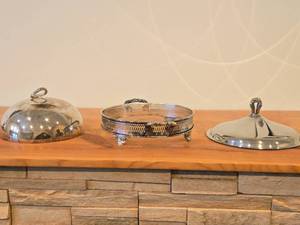 lot 1926 image: Vintage 1905-grams (total) Vintage Silverplated Casserole Serving Dish Frame 10D, Silverplated Chafing Dish Lid 10D, Silverplated 9D Meat Dome  Clouche