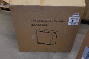 lot 87 image: 3-Bin Stainless Steel Thin Lid Pedal Recycling Bin -  20L 20L 20L