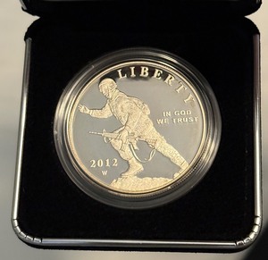 lot 90 image: 2012 W-Infantry Soldier Proof Silver Dollar  - original package with COA