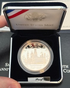 lot 102 image: 1996 P-Smithsonian Institution 150th Anniversary Commemorative Proof Silver Dollar - original package with COA