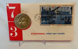 lot 117 image: 1973 Adams & Henry American Revolution Bicentennial Commemorative Medal - original with First Day of Issue stamped on front