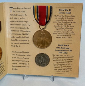 lot 118 image: 1995 1995 World War II 50th anniversary Coin and Victory Medal Set US Mint - original package with COA