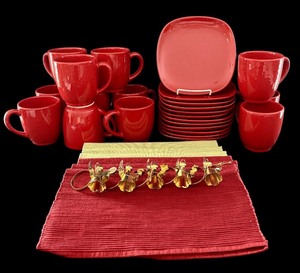 lot 127H image: LS - Red Christmas Dinnerware Set - 12 Mugs, 12 Plates (8.5-in), 6 Placemats, 5 Napkin Rings