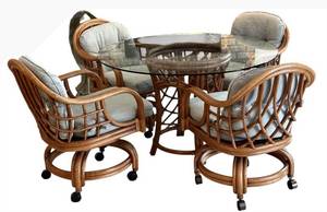 lot 5H image: Lane Venture  Vintage Wicker Table & 4 Chairs Set with Cushions