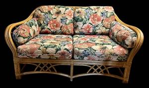 lot 11H image: Venture Furniture Co Wicker Loveseat - Floral Cushions