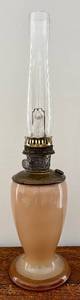 lot 46H image: Aladdin Mantle Lamp Peach Glass with Tall Chimney & White Crackle Vase