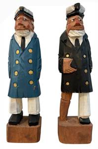 lot 89H image: Vintage Hand-Carved Wooden Sailor & Sea Captain Figures - 8 in Tall (Pair)