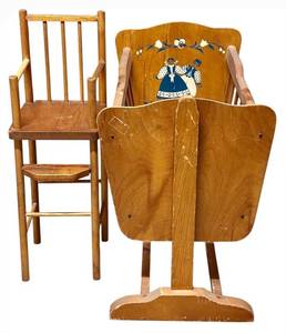 lot 95H image: Vintage Wooden Rocker & High Chair Set With Painted Back Panel