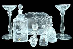 lot 126H image: Crystal Glass Christmas Tray Set with Bells & Candle Holders - 7-Piece (Largest 9-Inch Holder)