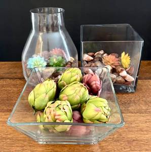 lot 253H image: Glass Decorative Vases with Faux Artichokes, Rocks & Flowers - Set of 3