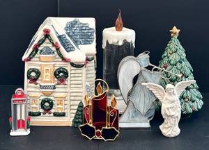 lot 263H image: Avon Porcelain Christmas Tree with Star Top - World Bazaar Cookie Jar & Angel Figurines - Holiday Decor Lot