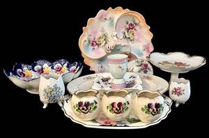 lot 299H image: Vintage Floral Porcelain Dinnerware Set - Gold Trim - 12-Inch Platter  Pedestal Compote & Matching Plates