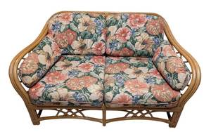 lot 12 image: LS - Vintage Lane Venture Rattan Sofa - Floral Upholstery