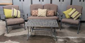 lot 17 image: G - 4-Piece Wrought Iron Patio Set with Cushions - Table & 3 Chairs