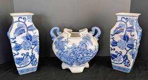 lot 63 image: ML - Bombay Company Blue & White Porcelain Vases - Set of 3