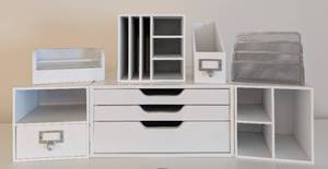 lot 102 image: LS - Assorted White Office Organizers with Drawers, File Trays & Mesh Letter Trays -