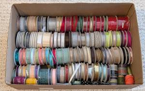 lot 103 image: LS - Assorted Craft Ribbon Lot - Satin, Grosgrain, Lace & Metallic Rolls (Various Widths)