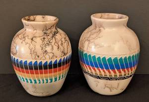 lot 142 image: LLR - Pair of Horsehair Pottery - Multicolor Stripe Band, Signed
